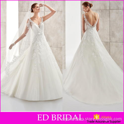 High Quality V Neckline Sleeveless Low Back Appliques Tulle Sash Bow 2016 German Wedding Dresses